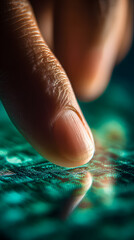 Human Finger Touching Bright Digital Screen with Glowing Data