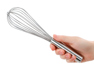 An intimate image captures a human hand firmly holding a classic wire whisk