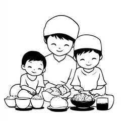 Minimalist contour doodle of Muslim family feasting on traditional dishes