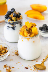 Healthy Gluten-Free Vegan Breakfast with Coconut Yogurt, Peach, Blueberries, and Homemade Muesli