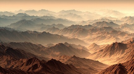 Naklejka premium Vast, hazy mountain ranges. Terracotta hues. Misty valleys