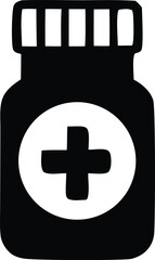 Simple silhouette icon of a medicine bottle with a prominent white cross symbol on its label
