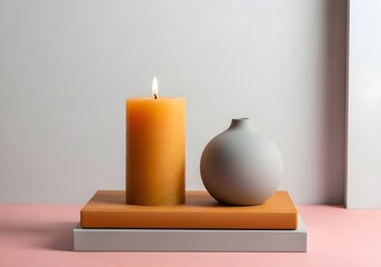 Cozy candlelit still life with orange pillar candle and gray vase on stacked books over pink surface – warm minimalist interior decor with soft lighting and neutral background