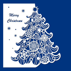 Template of Christmas card with inscription and tree. For laser cutting and plotter cutting from paper. For design of Christmas cards, invitations to a party. Vector