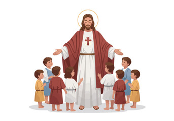 Jesus Christ with Children Biblical Scene Religious Illustration.
