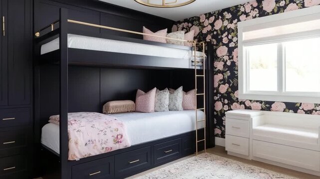 Stylish black and white themed bunk bed room design ideas