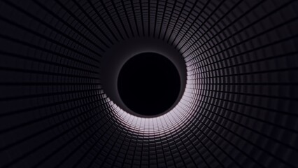 3D render of a dark tunnel made of small rectangular tiles curving toward a glowing black center. The structure features reflective surfaces and a soft purple glow, creating sense of depth and motion