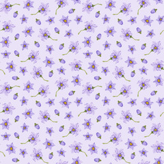 Seamless watercolor pattern with purple eggplant flowers and buds on a light violet background. Hand-painted botanical illustration for textile and print.