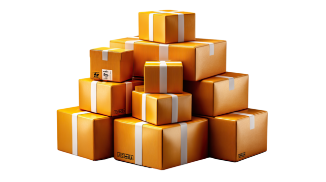 Stacked Packages: A neat stack of cardboard boxes, securely taped and ready for shipping. The image is a visual representation of distribution.