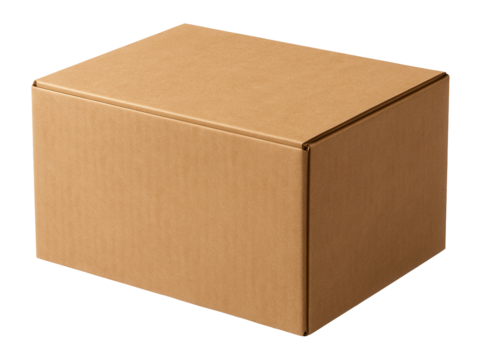 Brown cardboard box closed and sealed, ideal for shipping or packaging purposes, on transparent background.