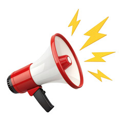 Red and white megaphone with yellow lightning bolts isolated on transparent background isolated on white background