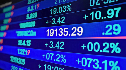 Dynamic financial trading data on a digital display screen. Stock market numbers showing growth and economic trends for investors.