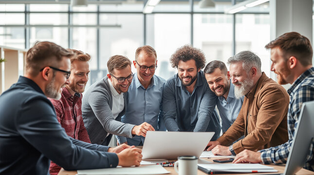 Diverse Group of Happy Business Men Collaborating Around Laptop in Modern Office Setting, Discussing Strategies and Sharing Ideas with Smiles.