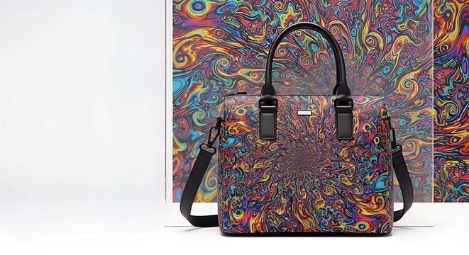 Colorful abstract psychedelic pattern on a handbag and background. Creative visual art design for fashion accessory or decoration.