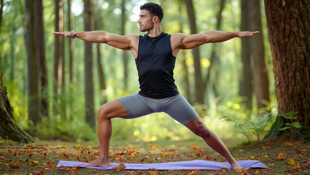 Young Man Meditating and Practicing Warrior II Yoga Pose on Mat in Lush Forest. Demonstrating Strength, Balance, and Mindful Wellness in Nature's Tranquil Setting. - Powered by Adobe