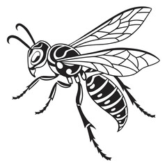 Stylized black and white illustration of a wasp isolated on white background