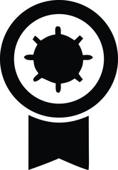 Stylized black and white emblem featuring a circular target with radiating spokes and a ribbon below symbolizing achievement or recognition