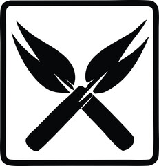 Black and white graphic illustration of two crossed garden trowels with sharp pointed blades and handles forming an x shape within a square border