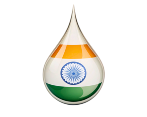 A single teardrop shape crystal clear water drop reflecting the vibrant colors of the Indian national flag in a close up macro shot