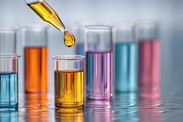 A close-up view of laboratory glassware containing various colored liquids. A dropper dispenses a golden liquid into a test tube