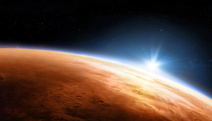 Planet Mars view from outer space. Panoramic view of the planet Mars and the sun. Space background. Elements of this image furnished by NASA.