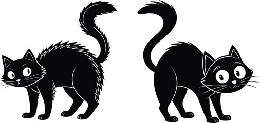 Scared Black Cat Silhouette Vector Illustration – Spooky Halloween Style Furry Cats with Raised Tails and Wide Eyes in Cartoon Line Art for Seasonal Decor and Design