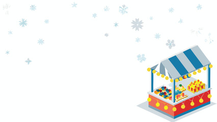 Isometric view of a winter market stall with striped awning and falling snow in the background scene