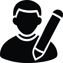 Silhouette of a person holding a large pencil symbolizing writing editing or creative authorship in a simple graphic design