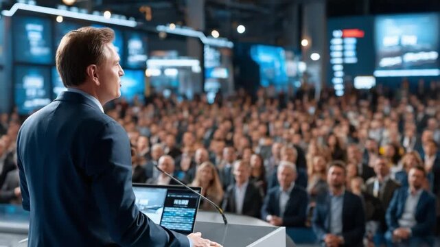 Inspiring Leadership: A distinguished speaker commanding attention, addressing a vast audience during a business conference, conveying a message of ambition and innovation.