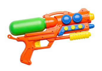 A vibrant, new, clean plastic water gun with a bright orange body, translucent green tank, blue nozzle, yellow trigger, and colorful side buttons, presented against a transparent isolated background
