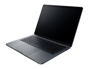 Sleek dark grey laptop with open lid and black screen, showing a modern keyboard and touchpad on transparent background.
