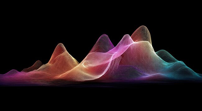 Abstract landscape of colorful, interconnected lines forming mountain-like shapes