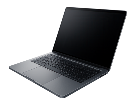 Sleek dark grey laptop with open lid and black screen, showing a modern keyboard and touchpad on transparent background.