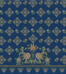 Traditional ethnic textile design with intricate paisley motif and ornamental border on a black background. Perfect for shawls, scarves, or digital print fabric