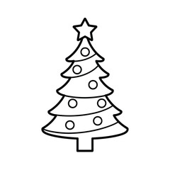 Simple outline drawing of a decorated christmas tree with a star on top