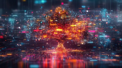 Fototapeta premium Abstract Futuristic Glowing Circuit Tree with Cityscape Background Illustration