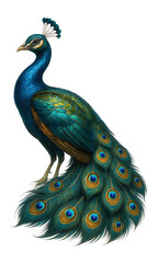 Detailed illustration of a vibrant peacock with iridescent blue and green feathers and an ornate tail on transparent background.