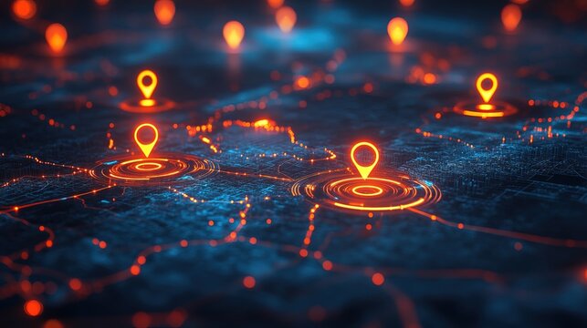 Futuristic Abstract Orange and Blue Network Location Pin Pointing