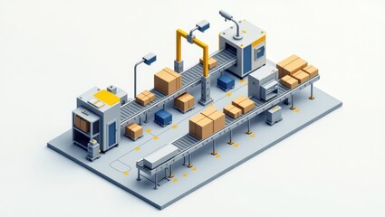 Sistema de transporte de embalajes. Disposición de maquinaria industrial para la clasificación automatizada, la optimización logística y el flujo de trabajo de fabricación