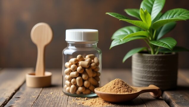 Cápsulas de raíz de ashwagandha junto con polvo y planta. Adaptógeno, alivio del estrés, calma natural, suplemento herbal