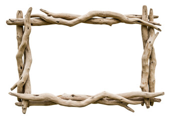 Rustic driftwood frame isolated on transparent background, perfect for natural or vintage photo displays