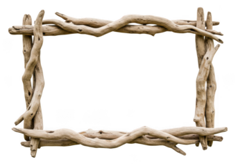Rustic driftwood frame isolated on transparent background, perfect for natural or vintage photo displays