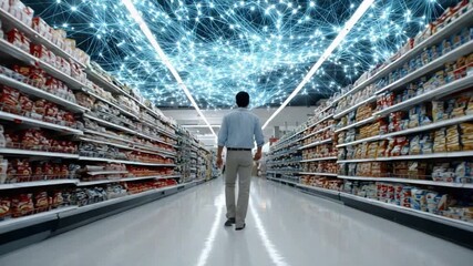 Navigating the Digital Grocery Aisle: A person strides purposefully through a meticulously organized grocery store, the digital landscape of information technology reflected above - Powered by Adobe