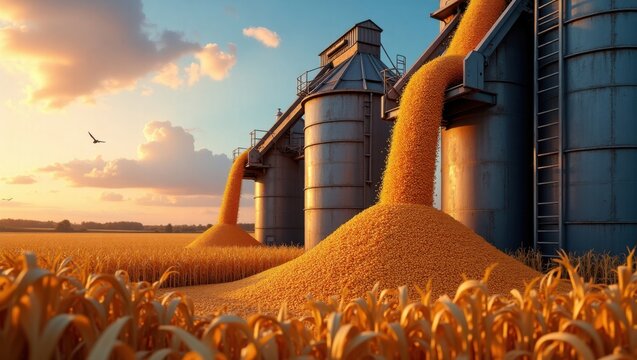 Granos de ma&iacute;z se vierten en silos met&aacute;licos desde cintas transportadoras. Los colores del atardecer se reflejan en la brillante maquinaria y la dorada cosecha