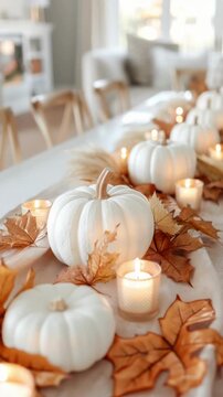 A table decorated for Thanksgiving or Halloween with white pumpkins, autumn leaves, and candles. The setting is warm and inviting, showcasing fall decor elements, gentle pastel hues