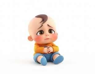 3D Cartoon Crying Child Sitting Alone on White Background &ndash; High Quality Render