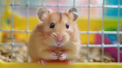 Fototapeta premium Cute fluffy hamster with big eyes sitting in its cage