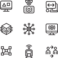 Collection of nine modern technology icons in a clean silhouette style on a light green background representing digital innovation and connectivity