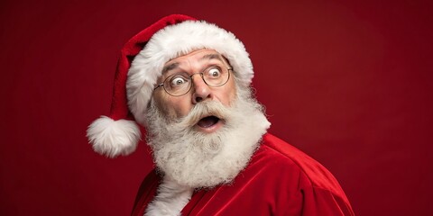 Surprised Santa Claus with a Shocked Expression and Wide Eyes, Posing against a Red Background with Copy Space.