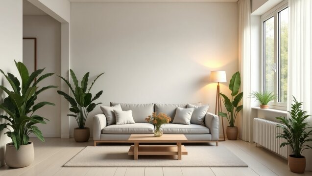 Sala de estar minimalista con tonos neutros, iluminación suave, grandes ventanales y plantas de interior que crean una atmósfera relajante